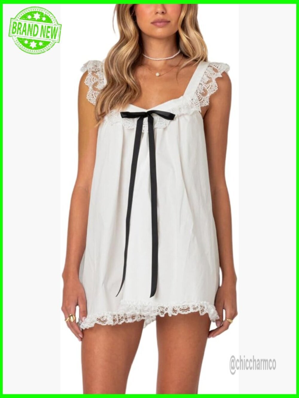 Sleeveless Lace Trim Babydoll Mini Dress Summer Casual Shift Sundress